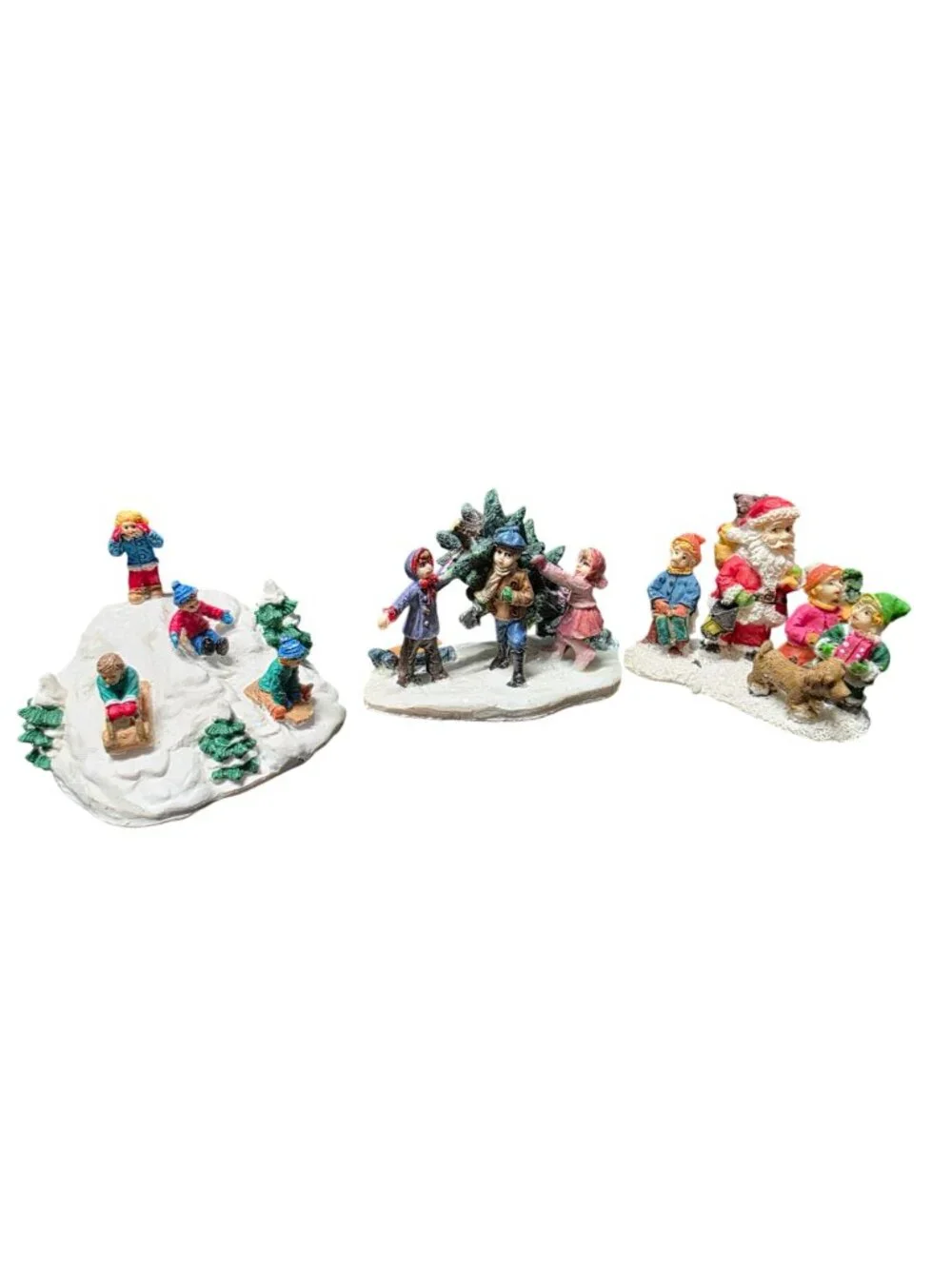 3 Christmas Village Display Figurines Santa Kids Snow & Pets